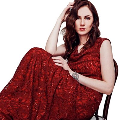Burgundy Cowl Neck Lace Maxi Dress in ThinHeat Fabric